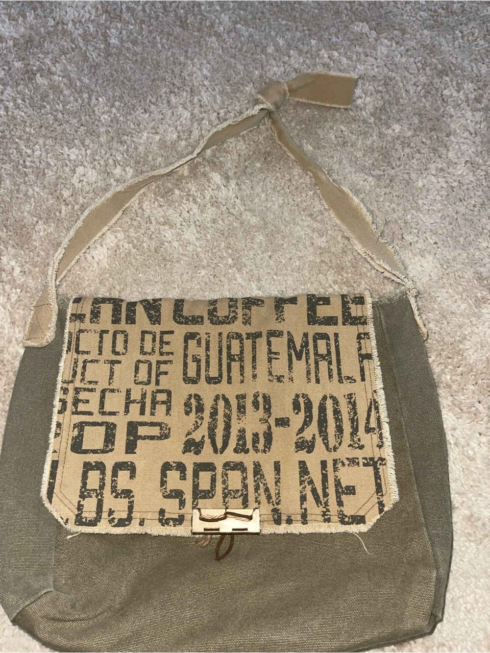 Relived by Honey & Me Olive Green Canvas Messenger Bag with Printed Flap